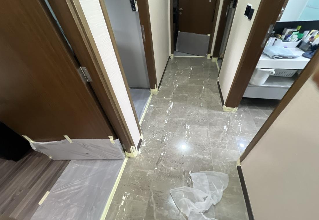 Door frames taped before marble polishing